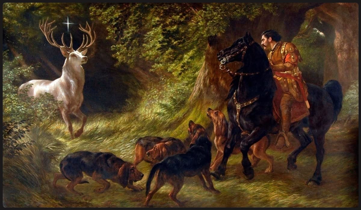 Oil painting of a large white stag emerging from a clearing with a star/cross shining between its antlers. A man on a horse and several bloodhounds are alarmed at the sight.