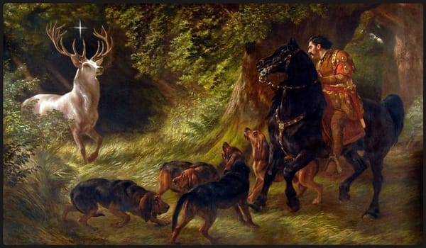 Oil painting of a large white stag emerging from a clearing with a star/cross shining between its antlers. A man on a horse and several bloodhounds are alarmed at the sight.